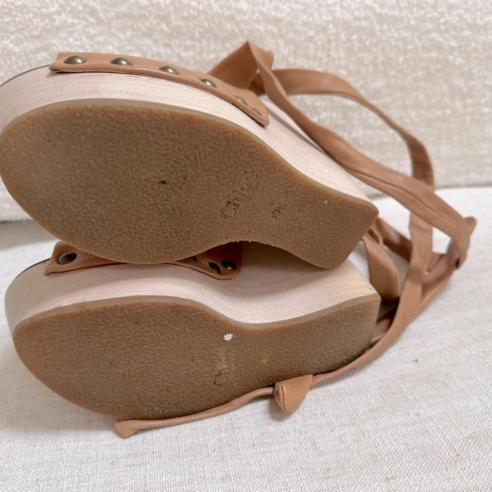 Chloe Tan Leather Ankle-Tie Platform Wedges